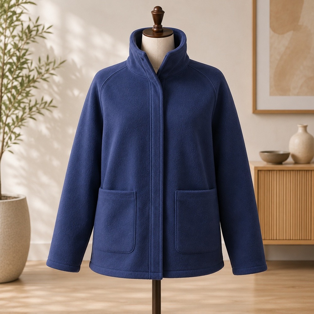 Denim & Company Fleece Jacket Womens 1X Navy Blue Funnel Neck Snap Front Pockets